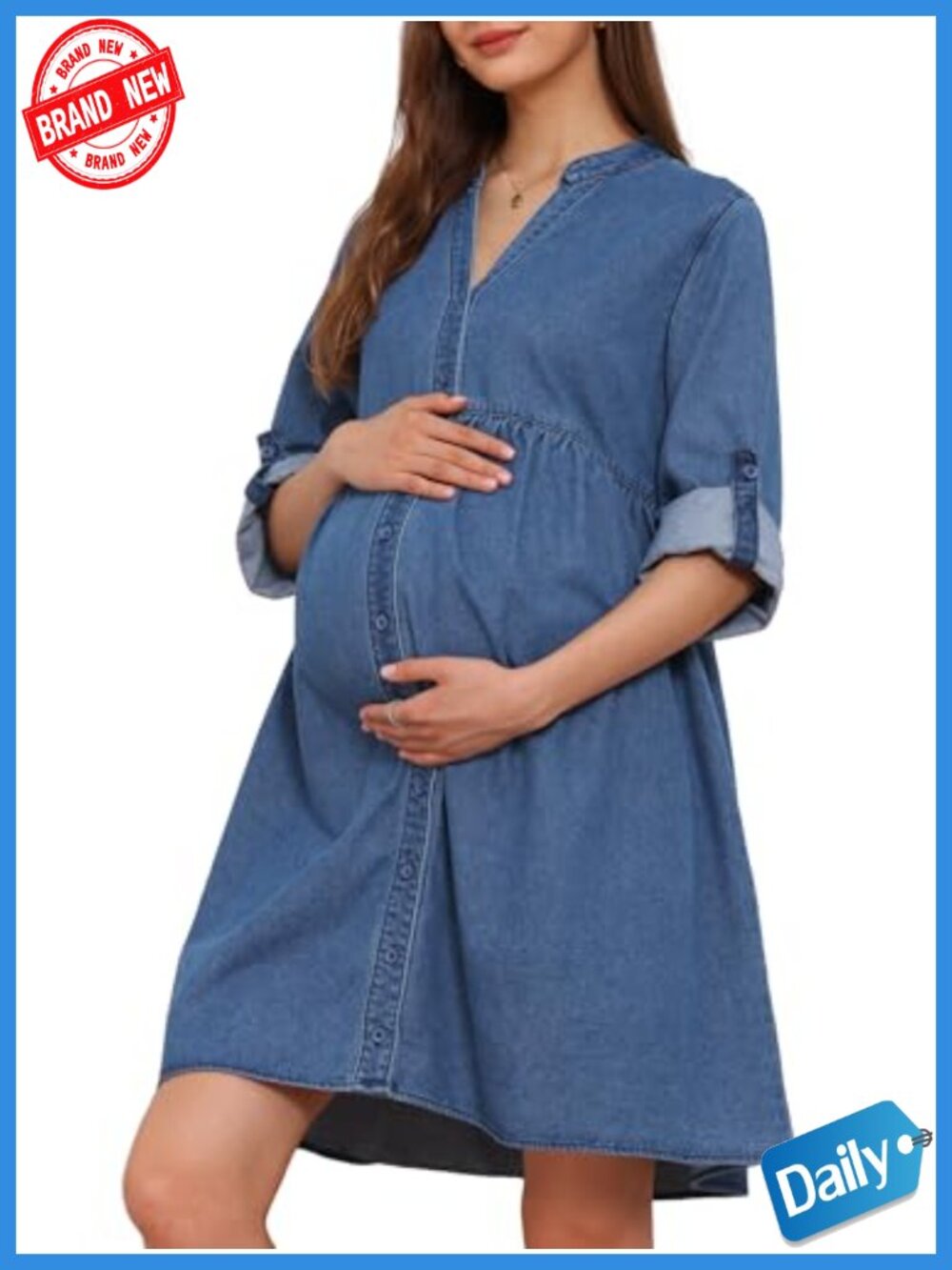 Maternity Denim Dress Long Sleeve Cotton Button Down Babydoll Casual Fall